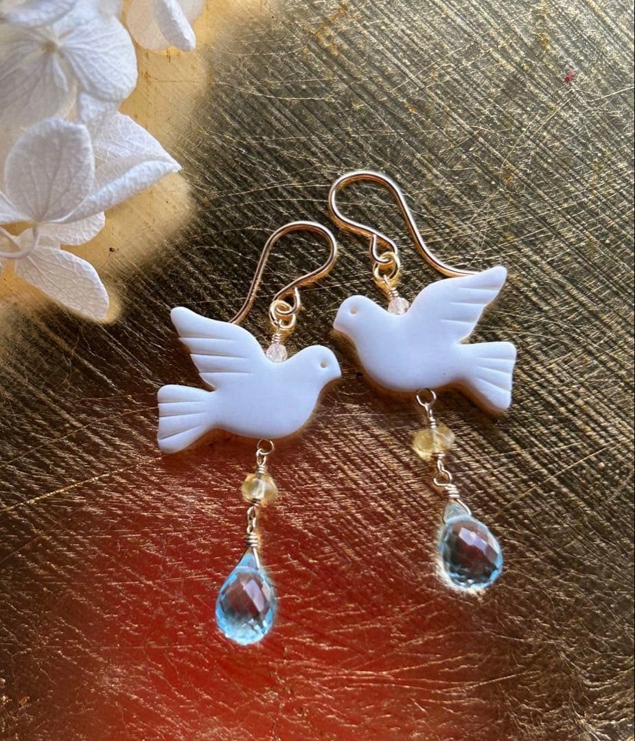 作家様の平和の鳩　ブルートパーズ＆ヘリオドールのピアス他　14kgf