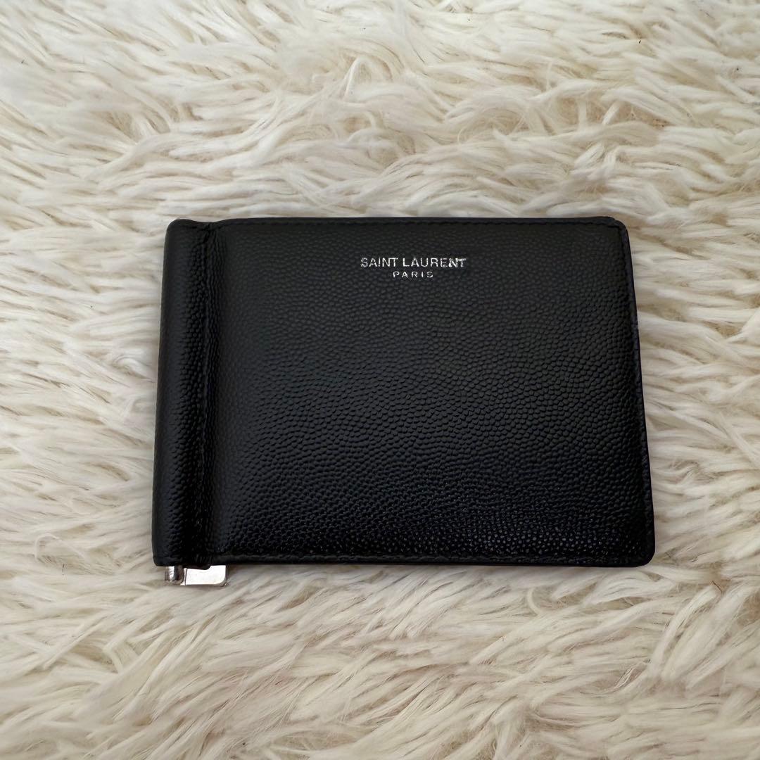サンローラン マネークリップ 二つ折り財布 キャビアスキン ブラック 箱・保存袋