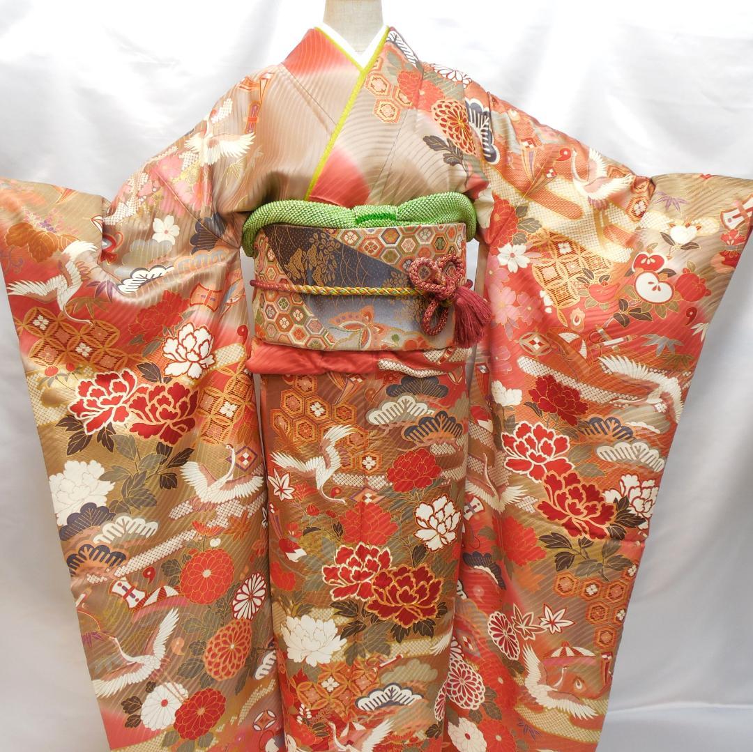 未使用品★振袖フルセット　正絹　成人式　振袖　7点セット　Lサイズ　赤系　古典柄