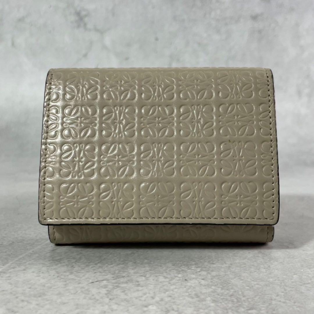 【美品】ロエベ 三つ折り 財布 リピートアナグラム 総柄 ハニーベージュ レザー