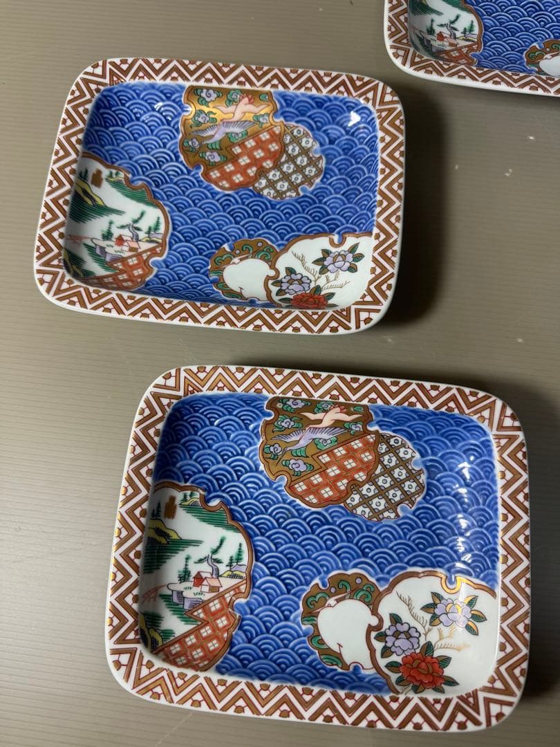 2367 林九郎窯 古伊万里風 青海波地紋雪輪 銘々皿５枚組 波佐見焼　未使用