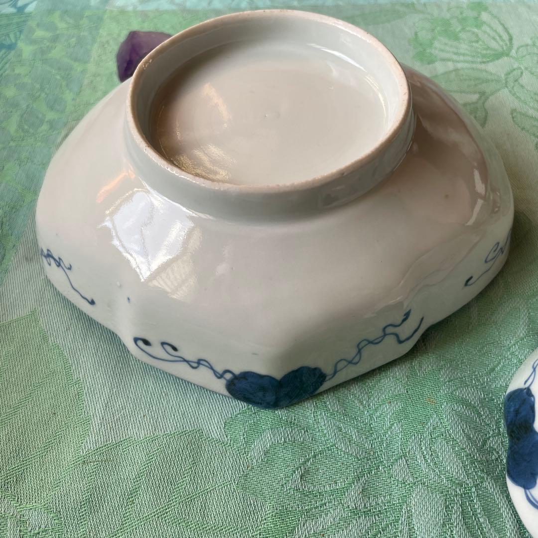 古伊万里　染付　蝶々　牡丹　生垣　瓢箪　墨弾き　変形皿　2客