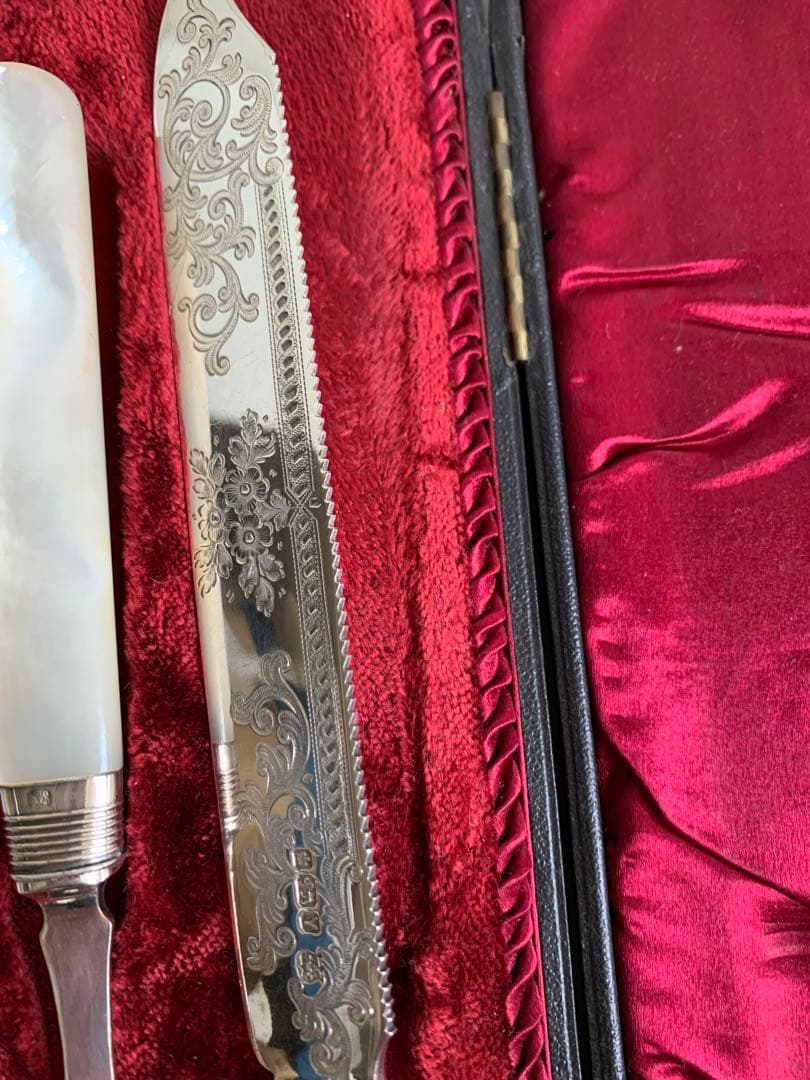 純銀　白蝶貝　シルバー　英国　ケーキナイフ&フォーク　サービング　アンティーク