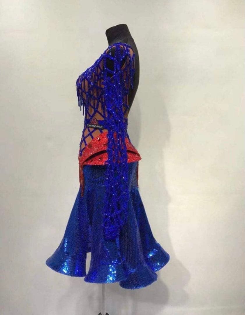 社交ダンスドレス 青 赤 フリンジ付き　ラテンドレス