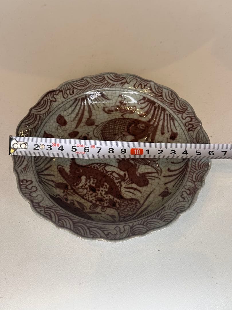 明代　釉裏紅　双魚文　葵口盤　開片　「天」字底款　年代物　古陶磁