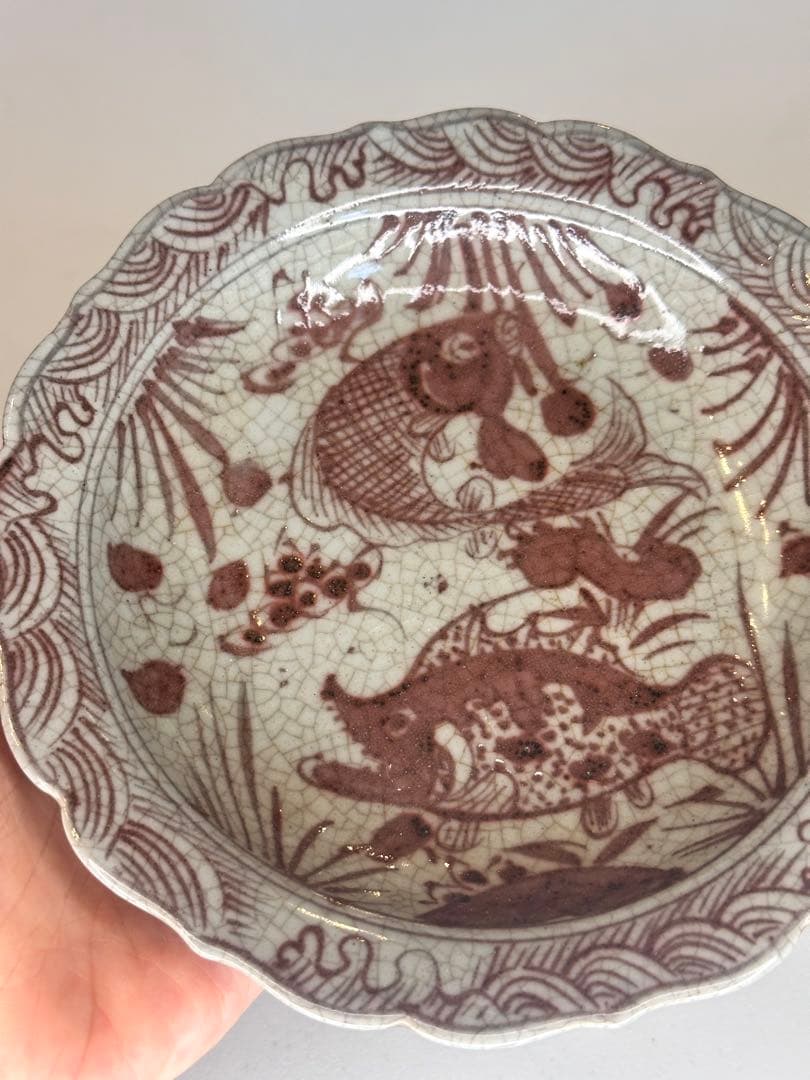 明代　釉裏紅　双魚文　葵口盤　開片　「天」字底款　年代物　古陶磁