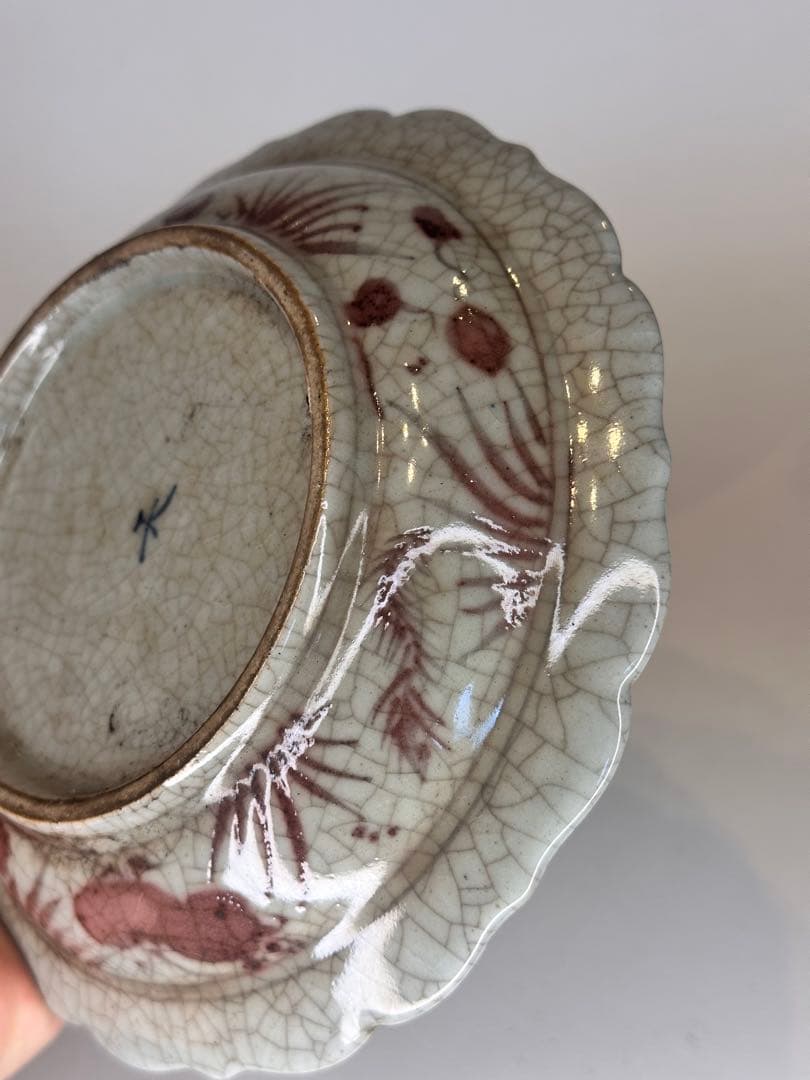 明代　釉裏紅　双魚文　葵口盤　開片　「天」字底款　年代物　古陶磁