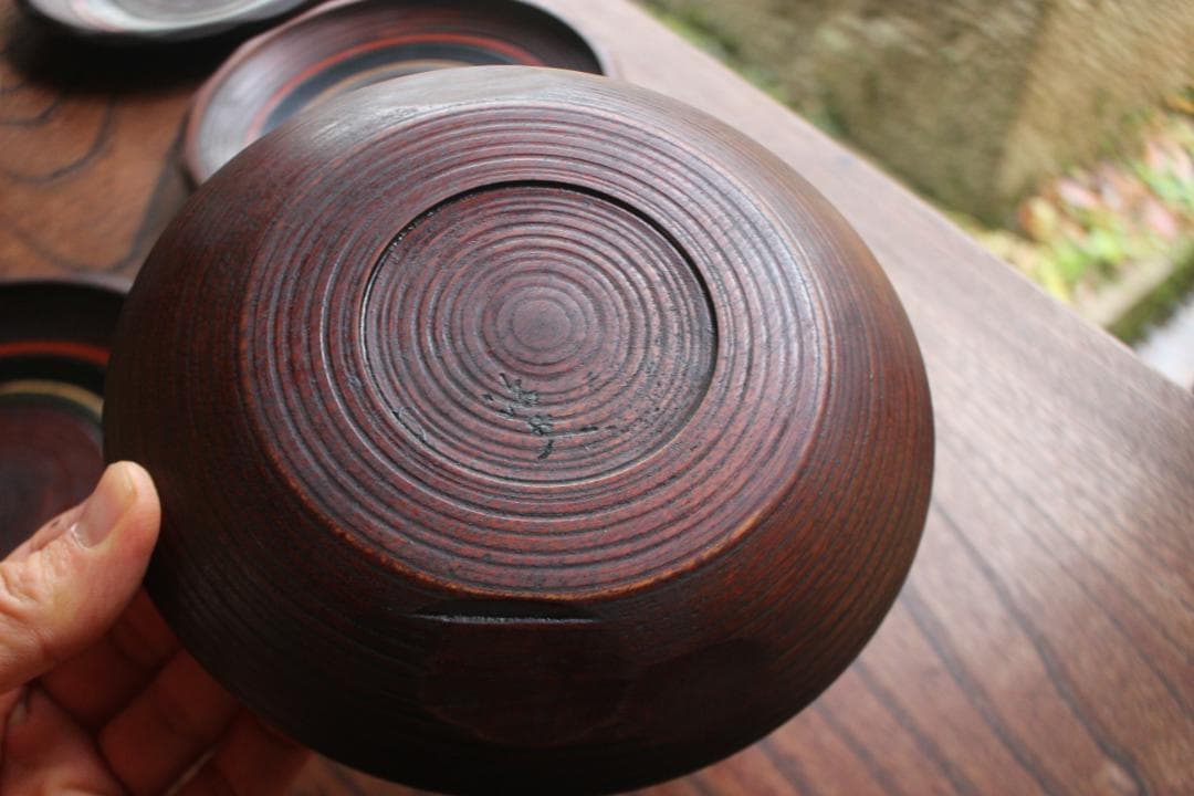 村瀬治兵衛作！極上刳り貫き地に風情ある独楽塗の美しいお皿5点（検京塗銘々皿菓子皿