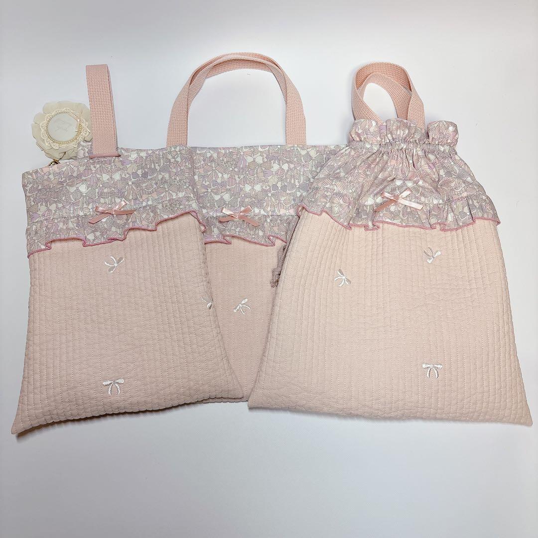 mimi様　ヌビ　レッスンバッグ　上履き袋　りぼん　刺繍生地　体操着袋
