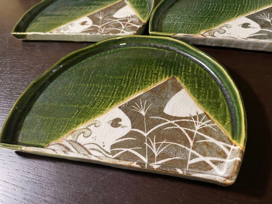 織部焼 丸幸中島 灶師 半月皿 5枚セット 千鳥に秋草図