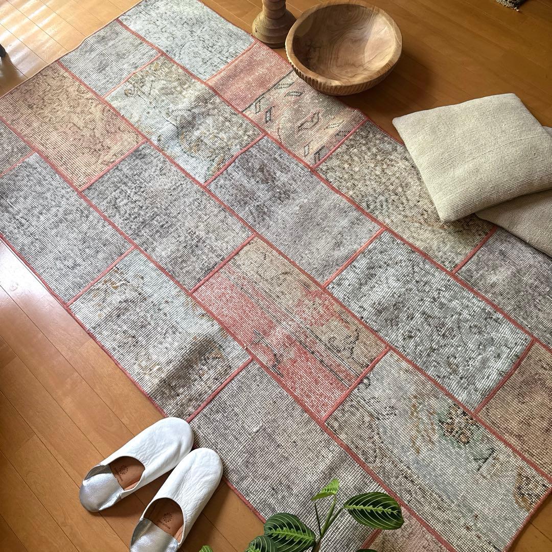 95×175 コーラルピンクパッチワークラグ　トルコヴィンテージラグ