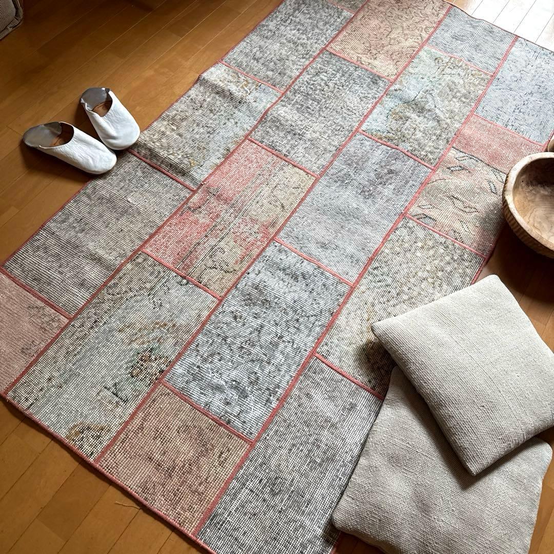 95×175 コーラルピンクパッチワークラグ　トルコヴィンテージラグ