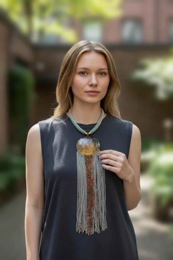 ホーンモチーフ×マルチビーズ フリンジロングネックレス (シルバー) 並行輸入品