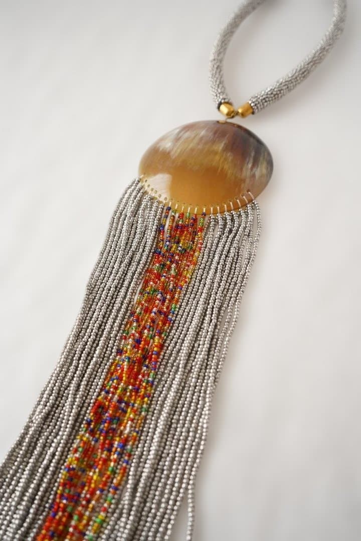 ホーンモチーフ×マルチビーズ フリンジロングネックレス (シルバー) 並行輸入品