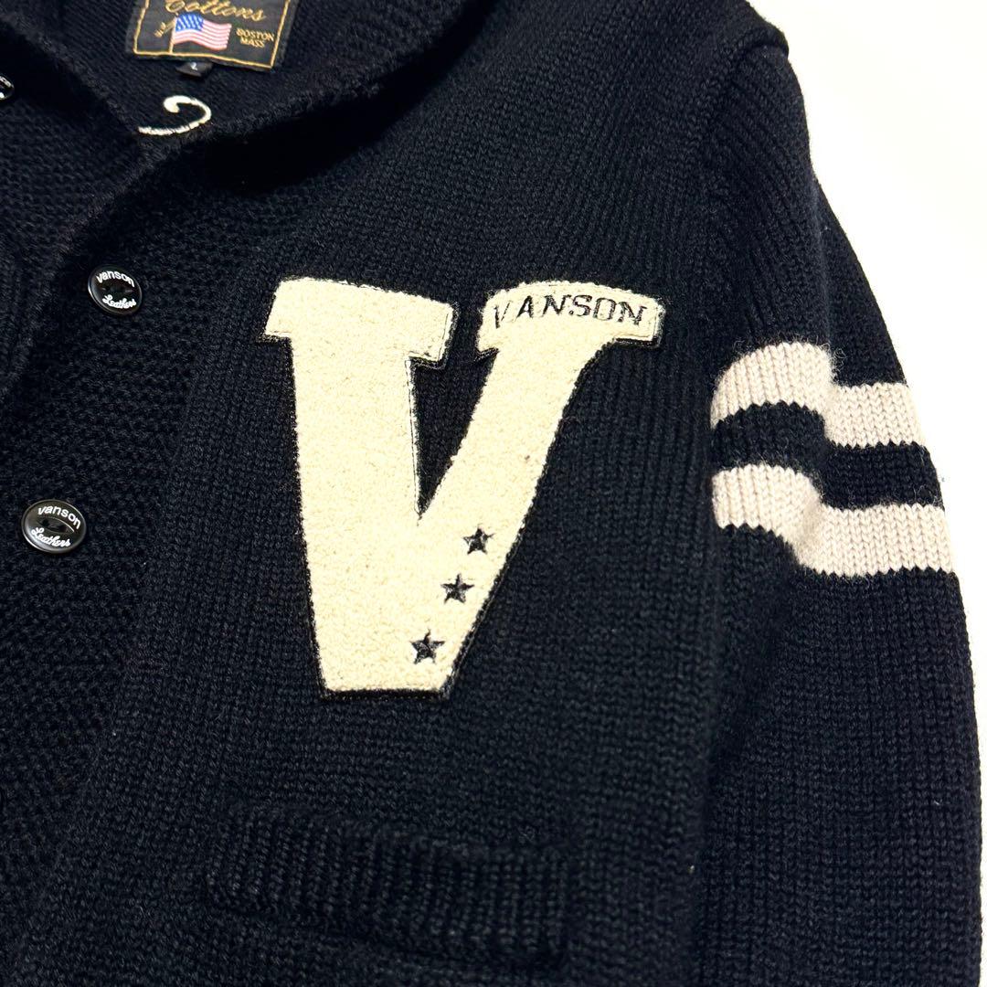 vanson バンソン ショールカラー カーディガン ワッペン 刺繍 黒 L