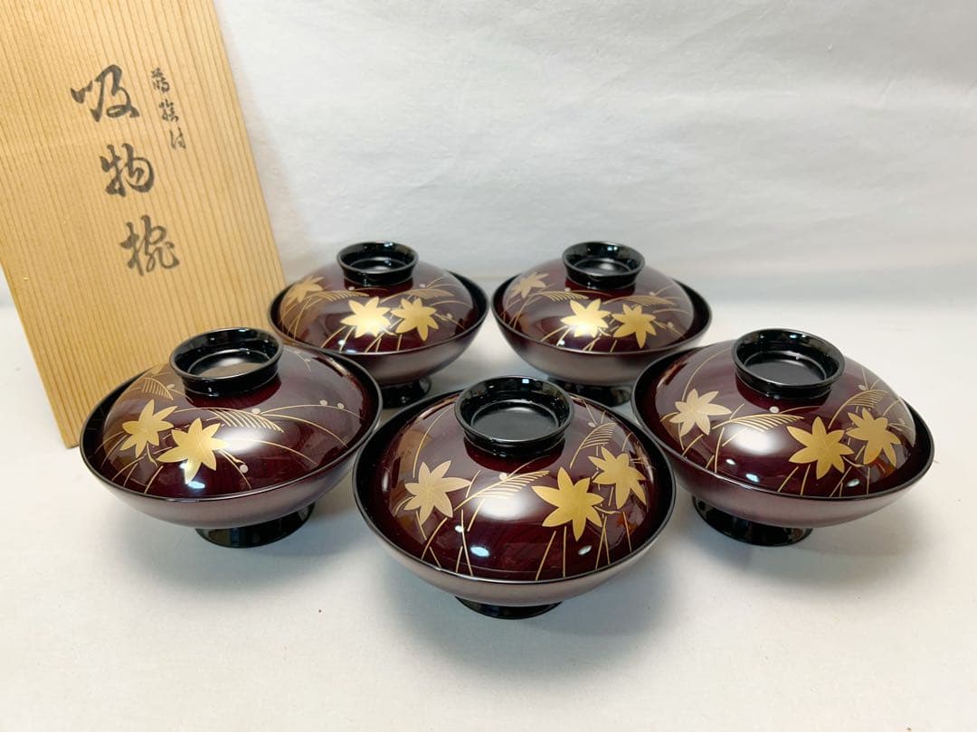ほぼ未使用 懐石道具 木製溜塗 金彩紅葉蒔絵 吸物椀5客組 共箱