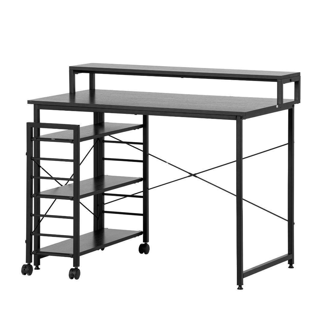 【ダークブラウン】パソコンデスク キャスター付きで移動可能ラック付き デスク