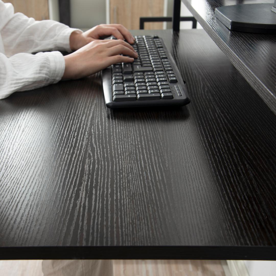 【ダークブラウン】パソコンデスク キャスター付きで移動可能ラック付き デスク