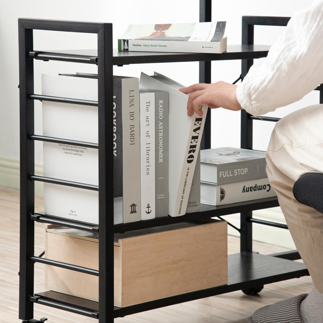 【ダークブラウン】パソコンデスク キャスター付きで移動可能ラック付き デスク