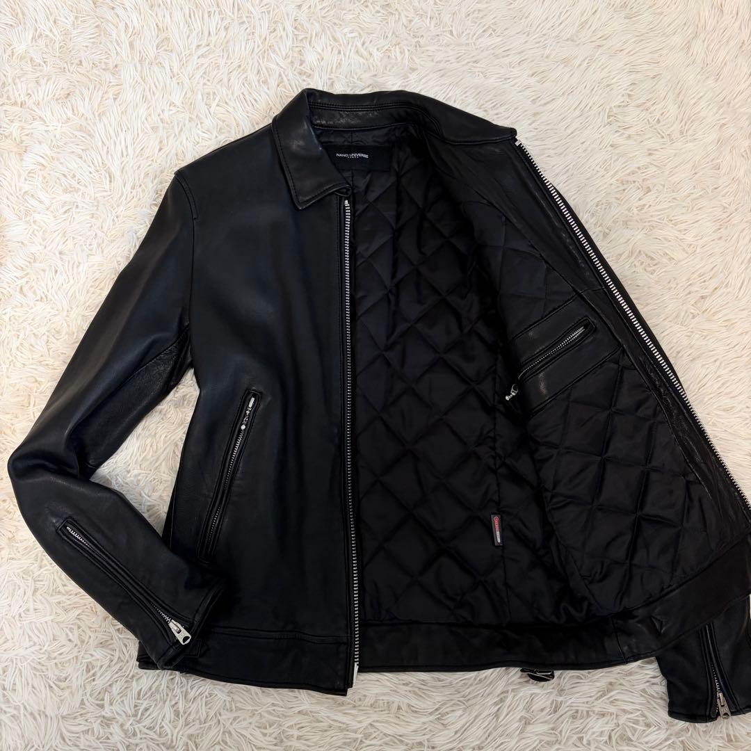 【美品】ナノユニバース レザージャケット ラムレザー キルティング L ブラック