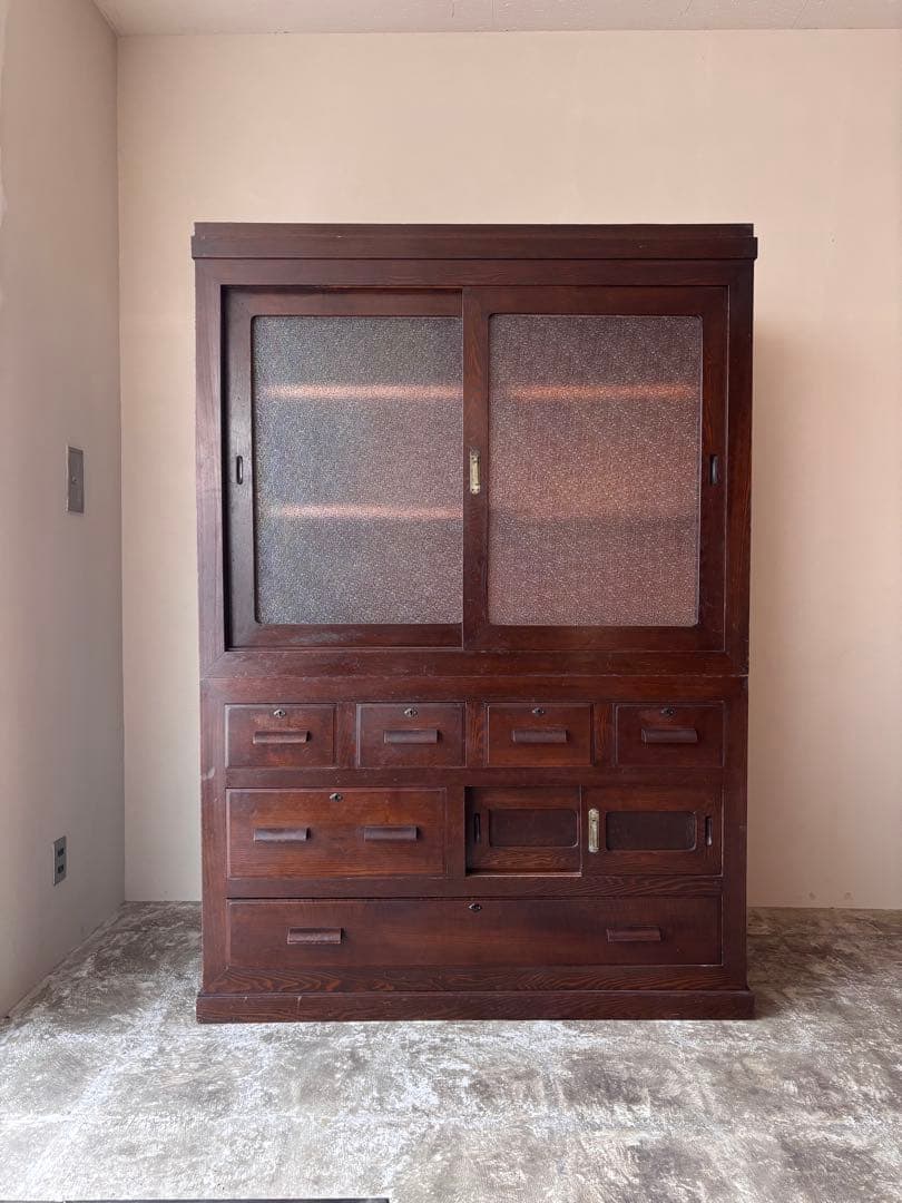 古い水屋箪笥　食器棚　ガラス棚　本棚　ガラスケース　箪笥 和家具　天然木