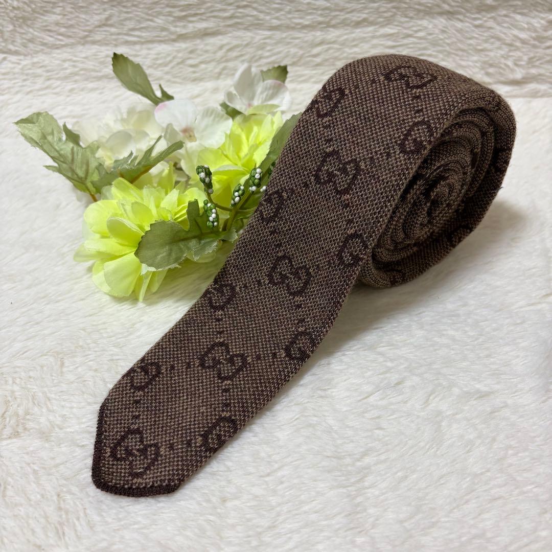 美品 ✨現行タグ✨GUCCI ネクタイ ナロータイ GG柄 ブラウン ウール 毛