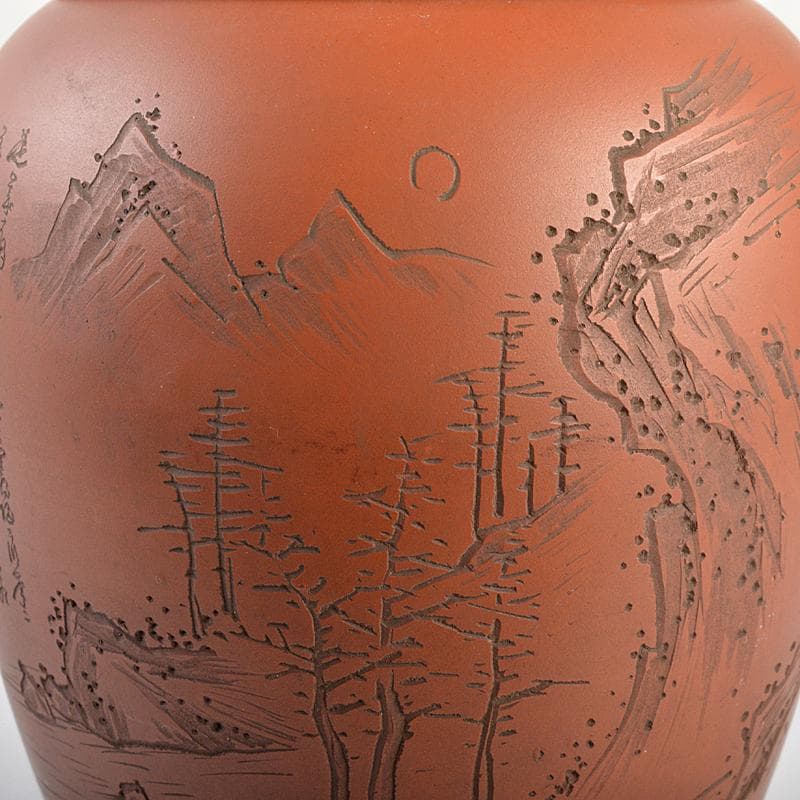 常滑焼　水川玉斎　朱泥　細字漢詩山水文　茶壷　茶心壷　時代箱付　D　R7354B