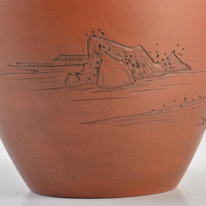 常滑焼　水川玉斎　朱泥　細字漢詩山水文　茶壷　茶心壷　時代箱付　D　R7354B