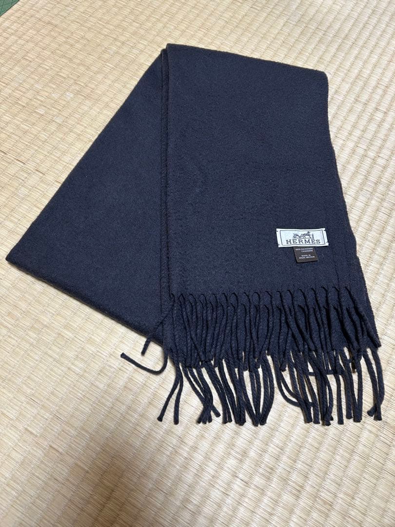 HERMES エルメス カシミヤ100%マフラー チャコールグレー メンズ 中判