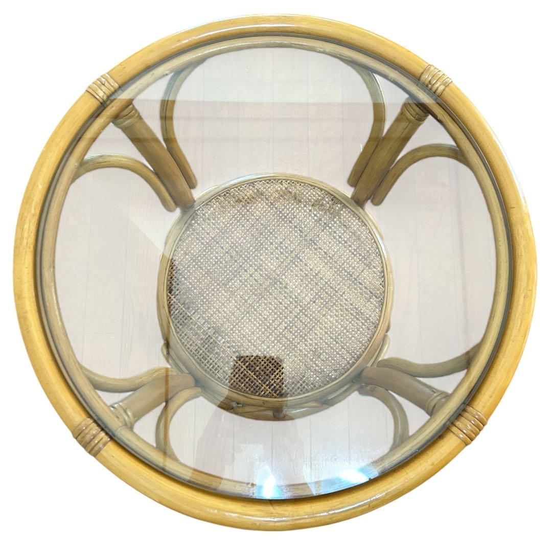 ヴィンテージ ラタン サイドテーブル 天然素材 ガラス天板×籐ラタンフレーム