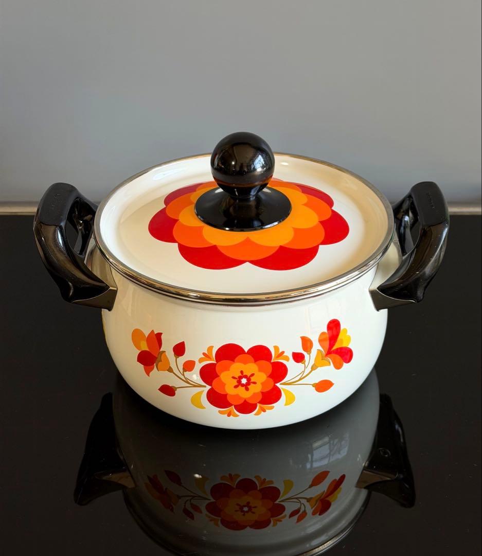 昭和レトロポップ　ホーロー鍋 マルビシ　フィオーレ　20cm 花柄　両手鍋