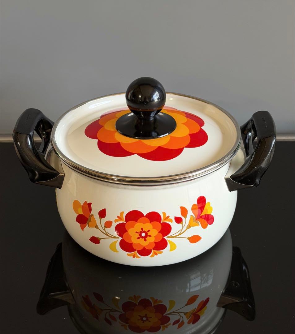 昭和レトロポップ　ホーロー鍋 マルビシ　フィオーレ　20cm 花柄　両手鍋