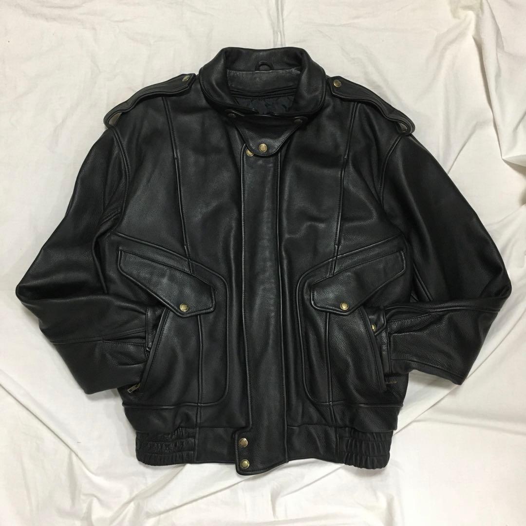 【個性派古着】南海部品　長袖デザイン革ジャン　牛革　ツヤあり　ファスナー式　XL