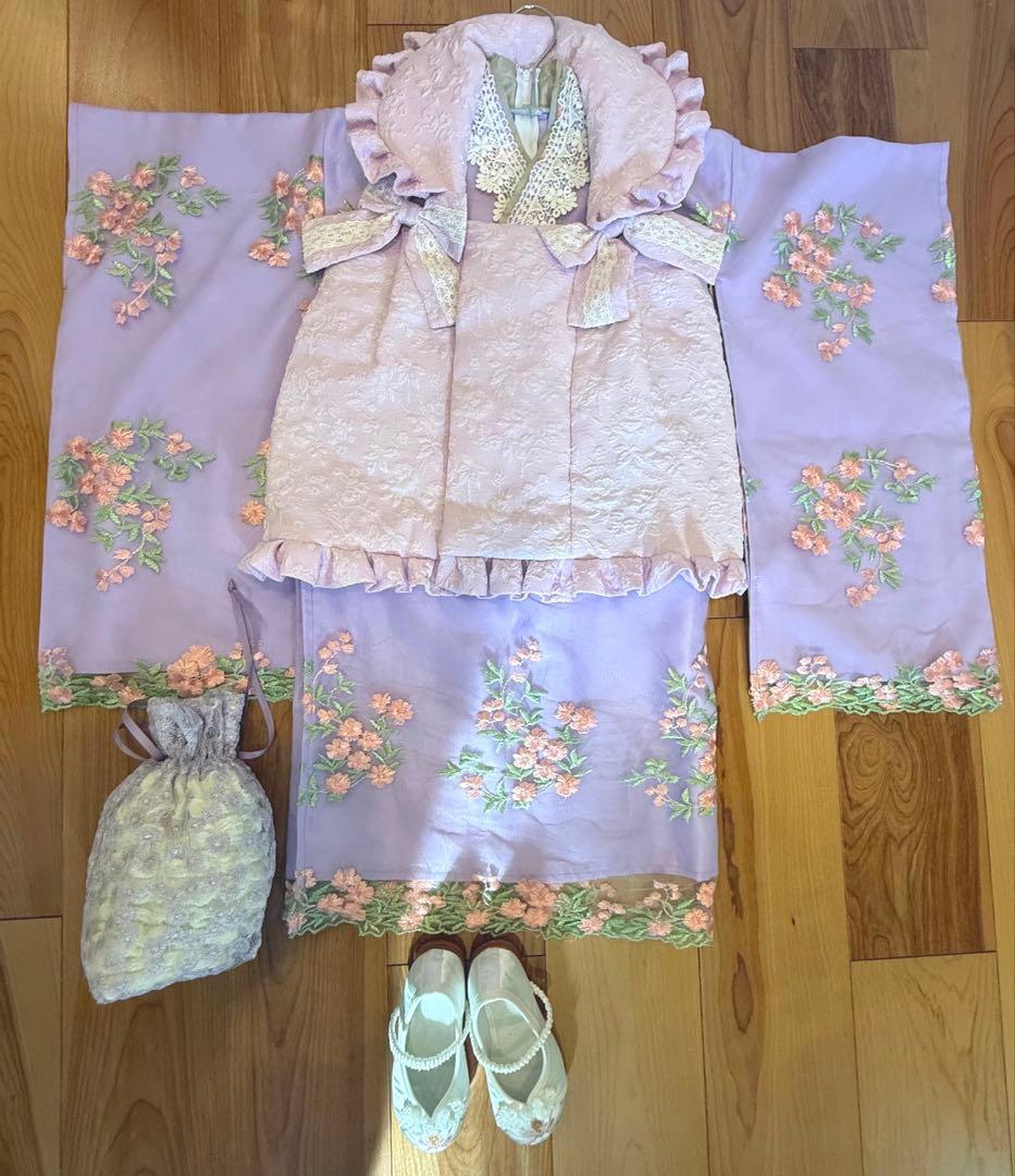 七五三 3歳　女の子　着物ワンピ+被布セット+靴　ライラック