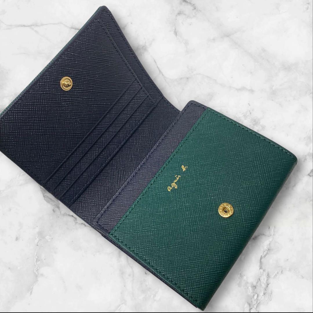 agnes b. アニエスベー 二つ折り財布 グリーン プレート ネイビー