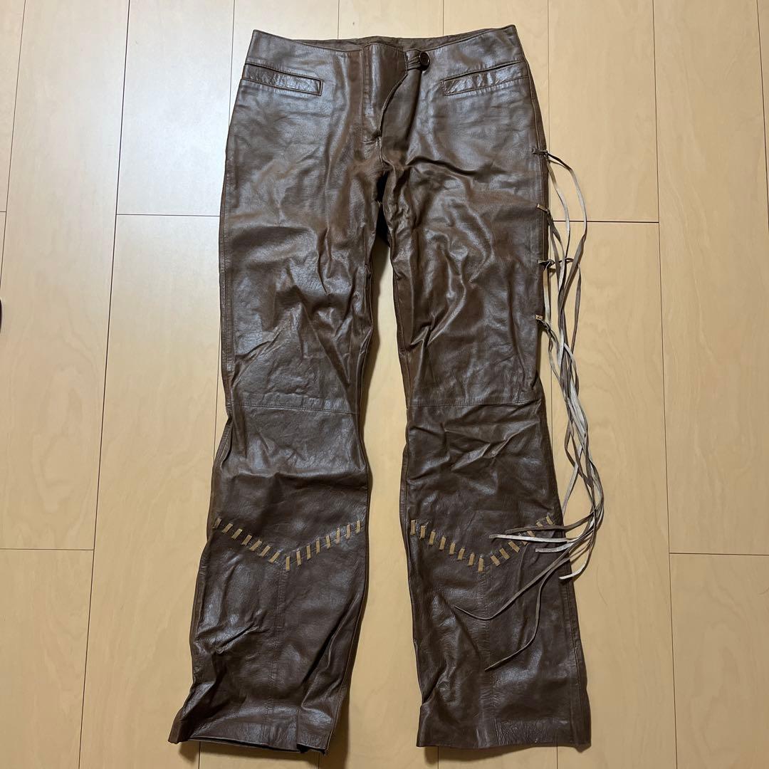 ブラウンレザーパンツ　フレアパンツ　古着