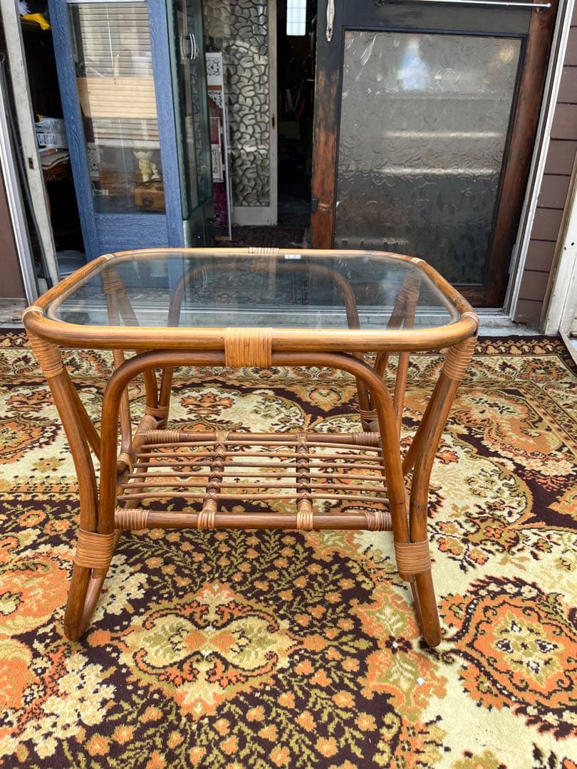 ラタンテーブル センターテーブル 籐 インテリア アンティーク ガラステーブル