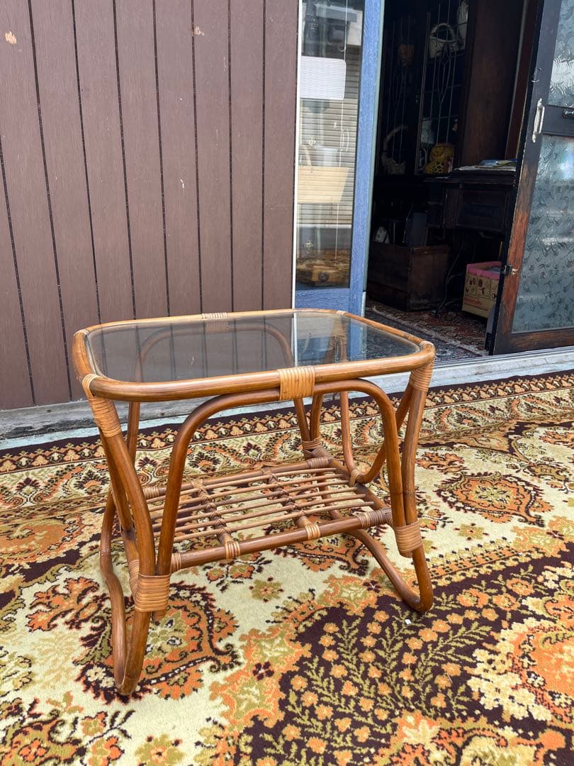 ラタンテーブル センターテーブル 籐 インテリア アンティーク ガラステーブル