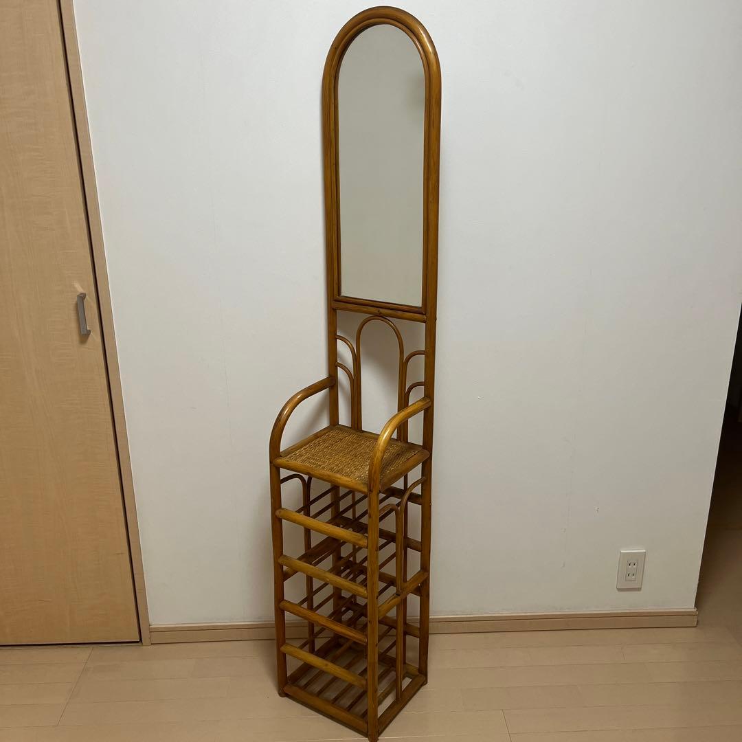 藤　ラタン　鏡　ミラー　棚　インテリア　昭和　レトロ