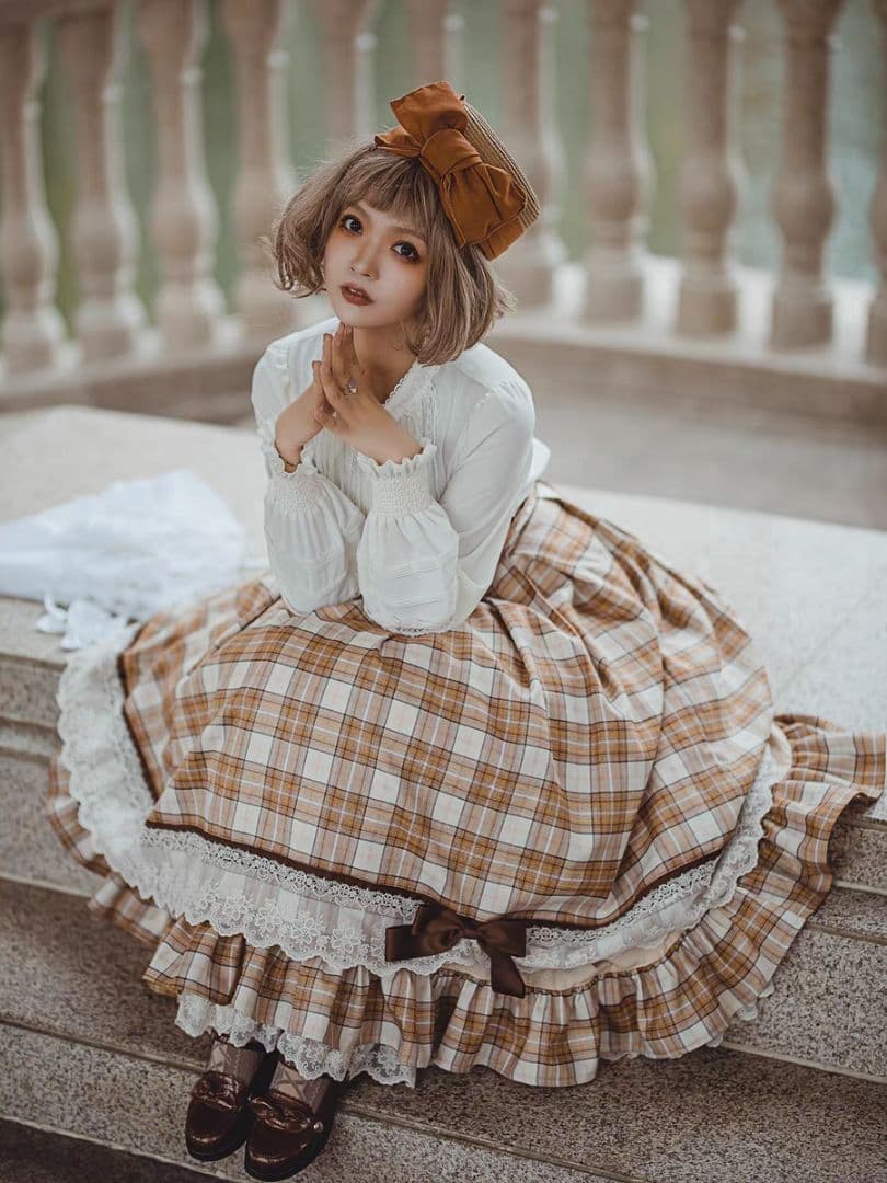 【FD-錬金方程式】クラシックチェック柄フレアスカート　オレンジ色