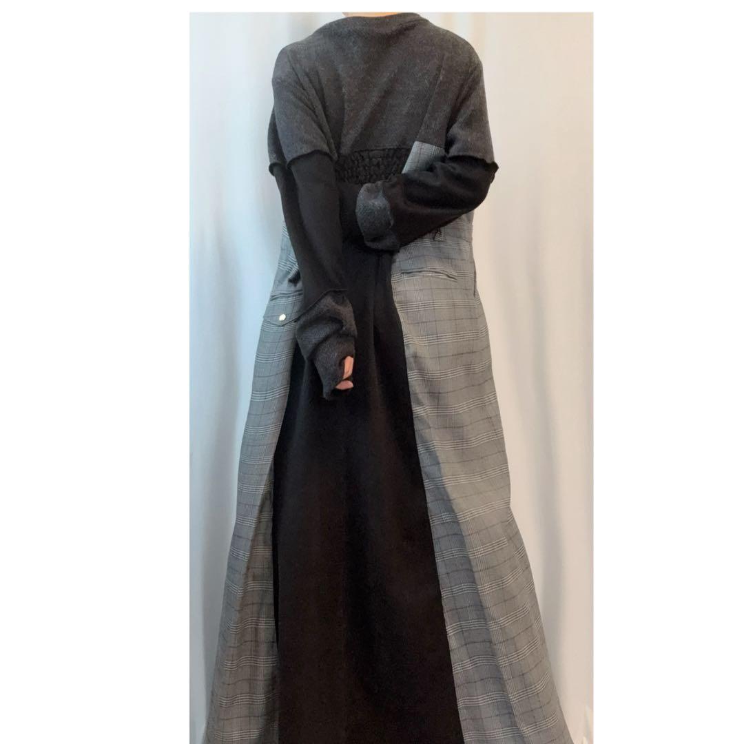 ④ジップアップ異素材ミックス切替ロングワンピース