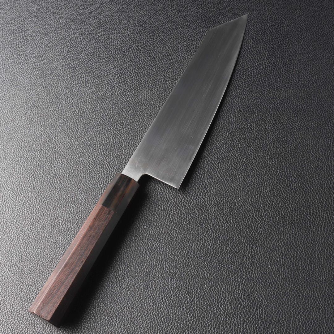 11171切付牛刀7寸ヘアライン仕上げ刃は究極の切れ味両刃包丁黒檀黒水牛角八角柄