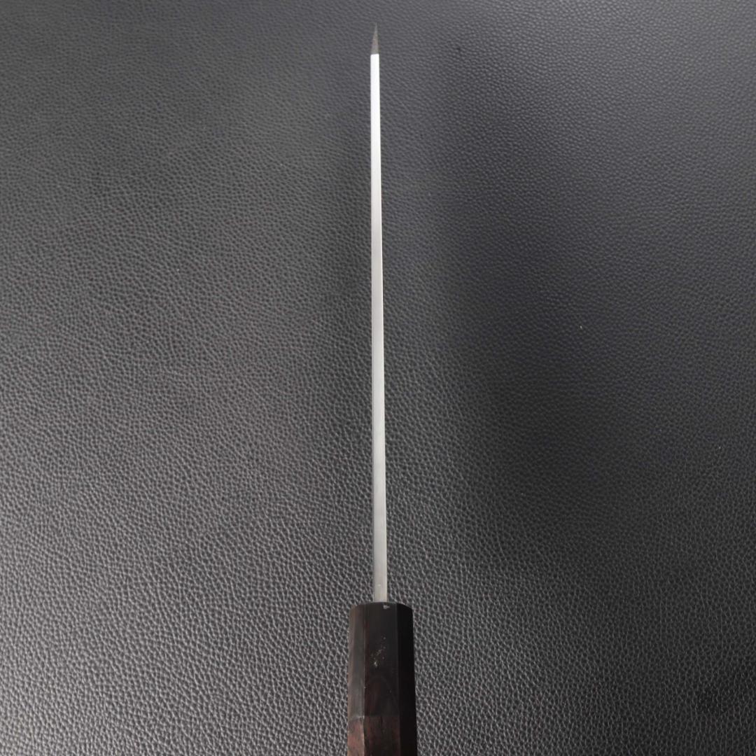 11171切付牛刀7寸ヘアライン仕上げ刃は究極の切れ味両刃包丁黒檀黒水牛角八角柄