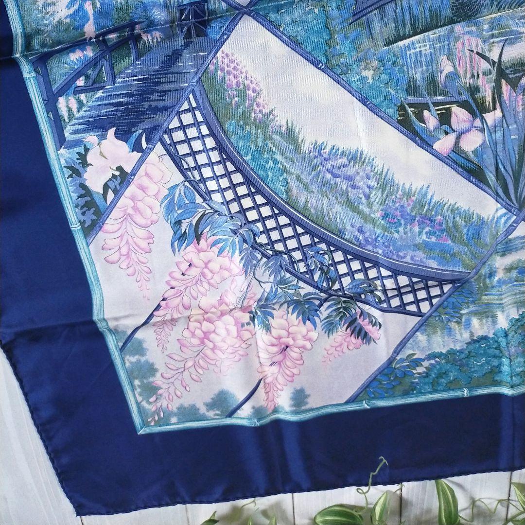HERMES カレ90　GIVERNY モネの庭 　 花と庭園 ネイビー