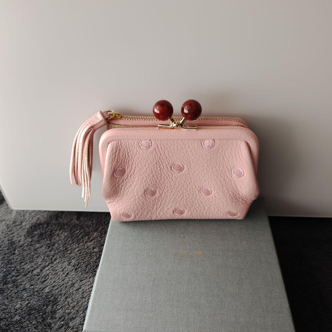 ＊新品未使用perche＊新色ライトピンクドットがま口財布＊ヤギ革