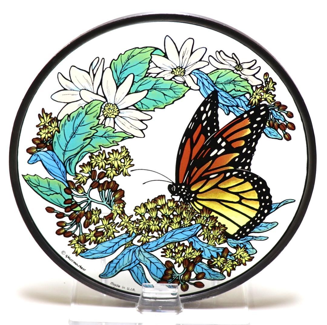 花に囲まれたオオカバマダラ ヴィンテージ ステンドグラス 花と蝶々