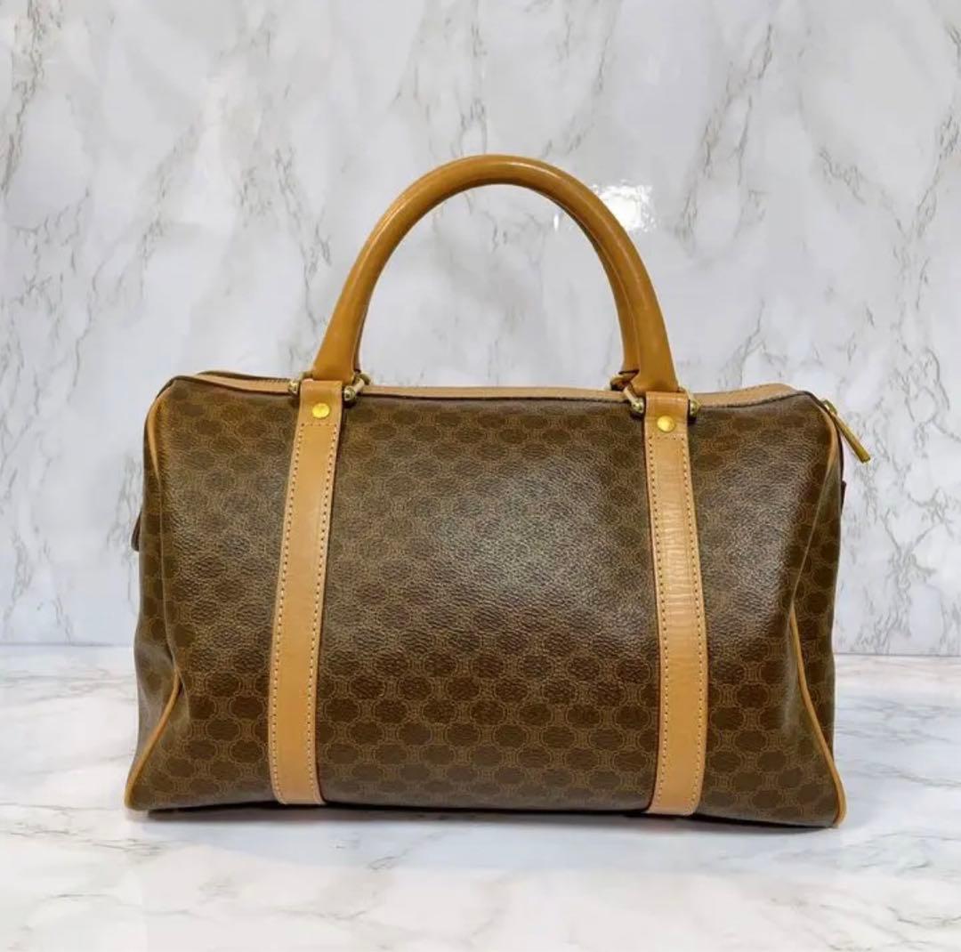 【良品】セリーヌ マカダム柄 ミニボストン ハンドバッグ レザー ブラウン