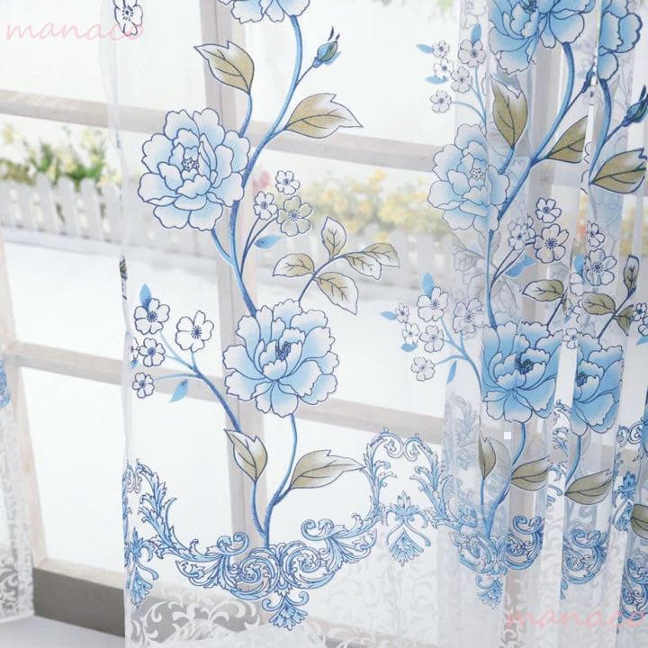 加工ひまわり＆ブルー ホワイト 洗濯可 ミラー レース のれん突っ張り棒