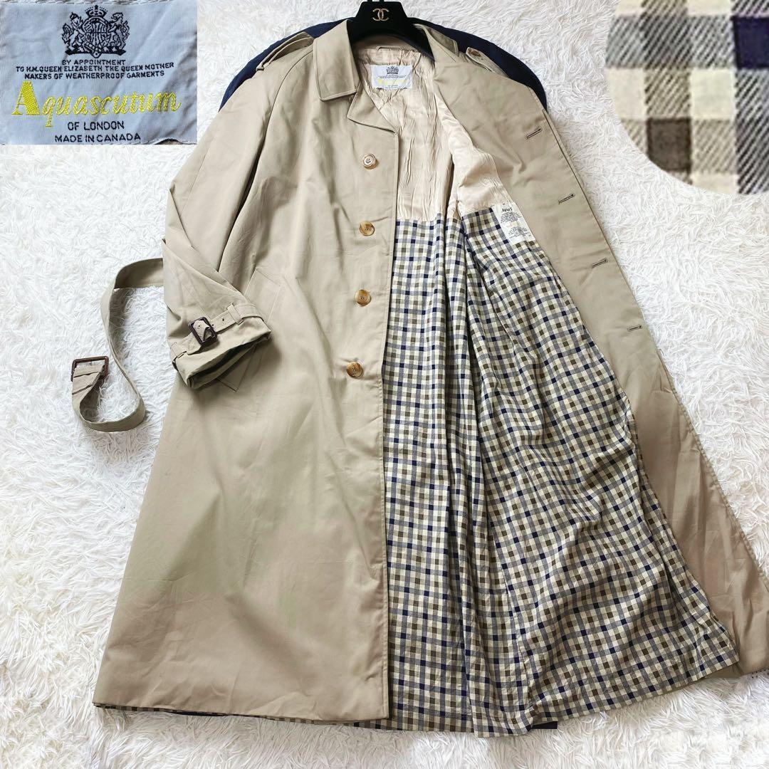 1値下げ中 アクアスキュータム ベルト ラグランクラブチェックステンカラーコート