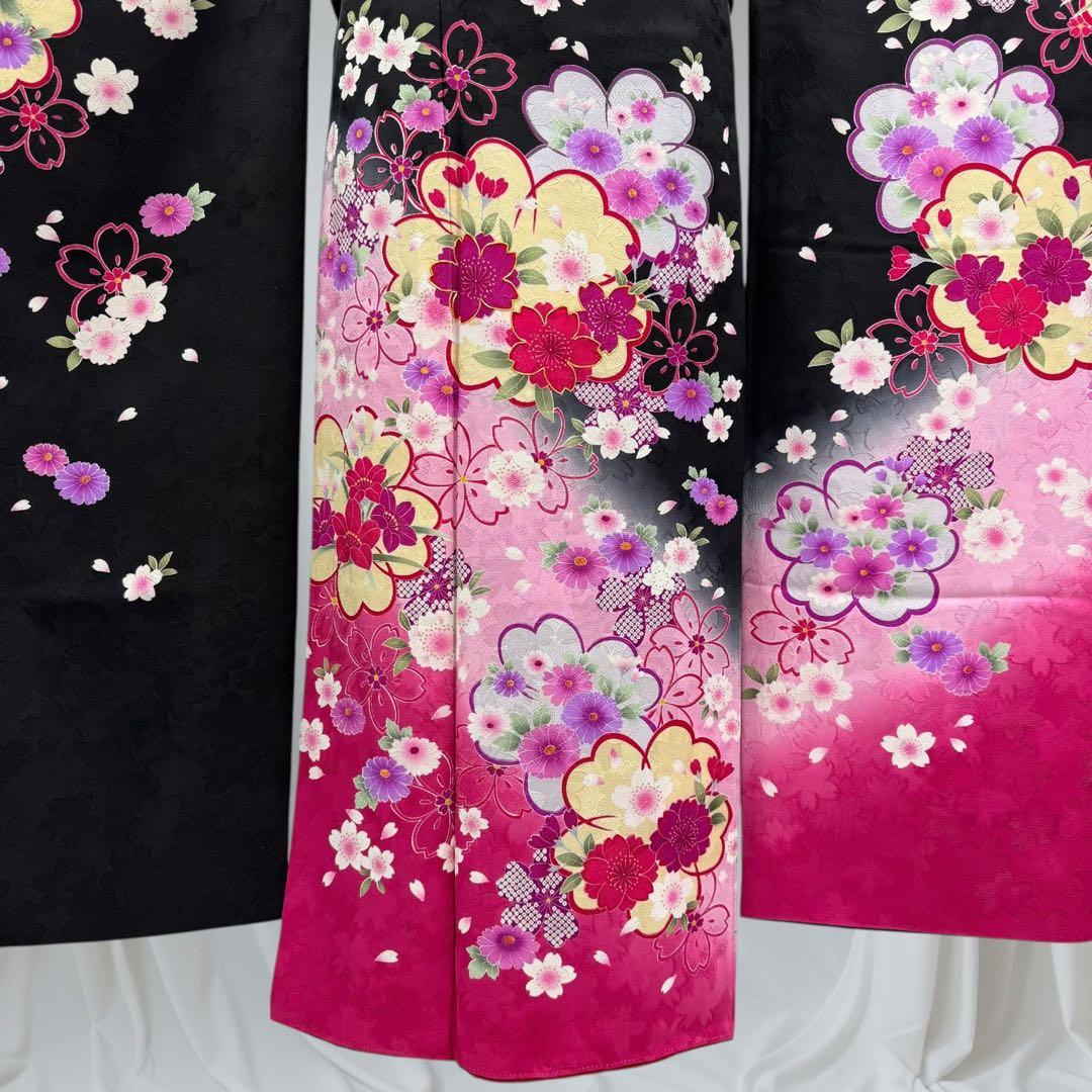 逸品 振袖7点フルセット 金駒刺繍 成人式 謝恩会　卒業式　黒地　ピンク